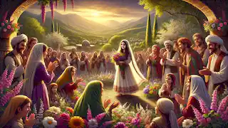 Anahita se encuentra en su aldea, rodeada de aldeanos y flores en plena floración, con su abuela observándola.
