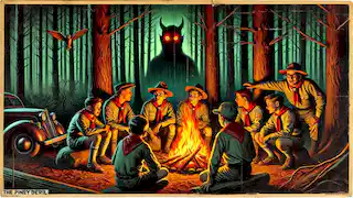 Los Boy Scouts alrededor de una fogata en los Pine Barrens, con los ojos rojos y brillantes del Jersey Devil observando desde el oscuro bosque.