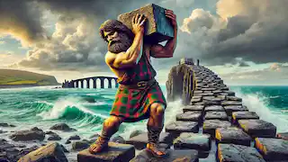 Fionn mac Cumhaill levantando piedras de basalto para construir la Calzada del Gigante bajo un cielo nublado y con olas rompiendo.