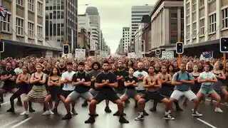 Un grupo de protesta maorí realizando el haka en solidaridad en una calle de la ciudad, con movimientos fuertes y sincronizados.