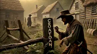 El gobernador John White descubre la colonia de Roanoke abandonada, con la palabra