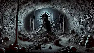 Dentro de una cueva oscura y misteriosa, con símbolos antiguos y los ojos brillantes del Chupacabra.