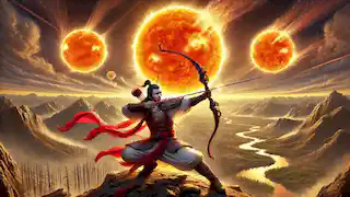 Hou Yi, um arqueiro, aponta seu arco para os sóis de um pico de montanha com intensa determinação.