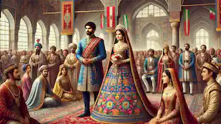 Siyâvash y Farangis se encuentran juntos en una ceremonia real, rodeados de banderas festivas y de invitados de Irán y Turán.