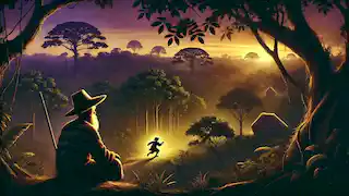 Un viejo João mira hacia el bosque, donde la silueta del Saci gira juguetonamente a lo lejos.