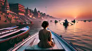 Kim en un paseo en barco por el río Ganges al amanecer, contemplando los rituales en los ghats de Varanasi.