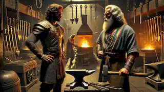 Fereydun se encuentra con Kaveh, el herrero, en un taller iluminado, lleno de herramientas y armas de hierro.