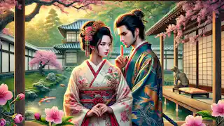 Genji y la dama Fujitsubo intercambian una mirada secreta en un jardín.
