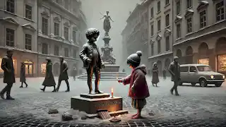 Una pequeña niña de los fósforos se encuentra en la nieve cerca de la apagada y grisácea estatua del Príncipe Feliz.