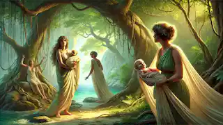 Rhea übergibt heimlich das Baby Zeus an Nymphen auf einer üppigen Insel, umgeben von Bäumen, Sonnenlicht und dem Meer im Hintergrund.