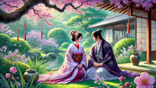 Genji y Murasaki en los jardines del Rokujo-in.