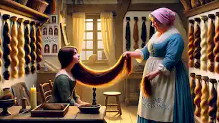 Della vendant ses longs cheveux à Madame Sofronie dans une petite boutique où des produits capillaires sont exposés.