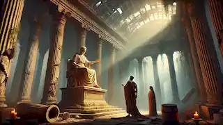 El emperador Juliano el Apóstata recibiendo la última profecía del Oráculo en el deteriorado Templo de Apolo, con la luz fluyendo desde lo alto.