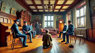 Los policías están sentados en la habitación del anciano, mientras el narrador camina nerviosamente de un lado a otro.