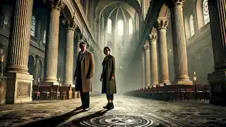 Dentro de la Iglesia de Saint-Sulpice, Langdon y Sophie examinan un símbolo en el suelo, envuelto en misterio.
