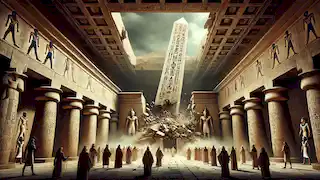 Un gran obelisco se desmorona dentro de un templo egipcio mientras sacerdotes y ciudadanos observan con terror e incredulidad.
