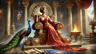 Hera en su sala del trono, con un pavo real celestial a su lado, planeando su venganza con pergaminos y artefactos divinos sobre la mesa.