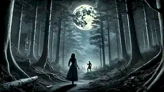 Marisol camina por el bosque de noche, siguiendo el sonido de la flauta de Yacy Yateré bajo la luz de la luna.