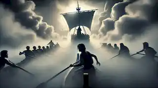 L'Argo navigue à travers un épais brouillard mystique créé par Méduse, avec les silhouettes des navires poursuivants à peine discernables.