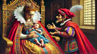 La reina sostiene a su recién nacido, con una expresión de angustia, mientras un extraño hombrecillo le exige el bebé en una cámara ricamente decorada.