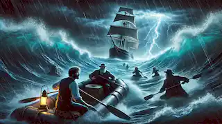 El profesor Aronnax, Ned Land y Conseil reman a través de olas tormentosas en una pequeña balsa, escapando del Nautilus.