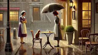Una mujer americana se encuentra decepcionada frente al hotel, mirando hacia donde había estado el gato, mientras una criada sostiene un paraguas.