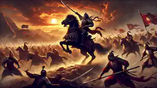 Alpamys en Bai Shubar liderando a sus guerreros en batalla contra las fuerzas de Karajan bajo un ardiente atardecer.