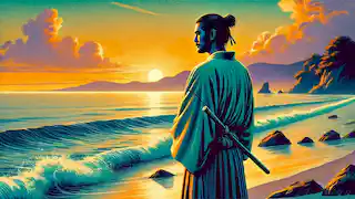 Genji en el exilio en Suma, de pie en una costa rocosa.