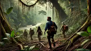 El equipo de exploradores se mueve con cautela a través de la densa jungla amazónica, guiado por un rastreador local.