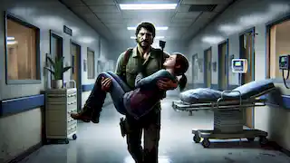Joel lleva a una Ellie inconsciente a través de un pasillo de hospital tenuemente iluminado, huyendo de una instalación médica.