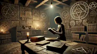 Holly Gibney lee de la libreta de Melissa Hardin en un oscuro sótano lleno de extraños símbolos y libros antiguos.