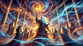 Eliar lleva a cabo un ritual celestial, donde hilos de luz y sombra brillantes se entrelazan en un baile etéreo, mientras los Tejedores de Tela forman un círculo de protección.