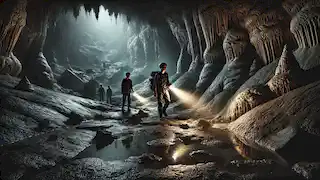 Un interior de cueva misteriosa con charcas resplandecientes, estalactitas y exploradores que entran con cautela.