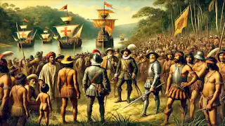 Los conquistadores españoles desembarcan en tierras guaraníes, mientras los guaraníes observan desde el bosque, mostrando curiosidad y cautela.
