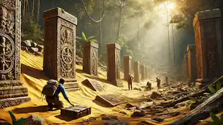 Exploradores descubren ruinas antiguas en una isla misteriosa, donde se encuentran tallados celestiales y arenas doradas entre una vegetación exuberante.