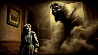 Lucy observa con terror desde la puerta mientras una sombra monstruosa envuelve a la señora Skegg en una habitación oscura y enredada.