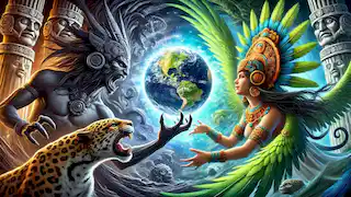 Tezcatlipoca y Quetzalcóatl chocan, personificando la noche y la luz, en la mitología mexica.