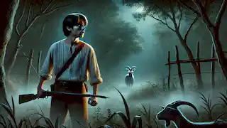 Un joven granjero asustado en un campo iluminado por la luna, mirando unos ojos rojos brillantes a lo lejos.