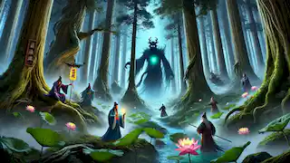 Los Ocho Inmortales luchando contra el demonio cambiaformas Hun Kun en el brumoso Bosque de Jade.