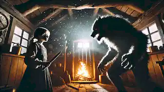 La chica sostiene un cuchillo, enfrentándose al hombre-lobo que gruñe en un dramático enfrentamiento final dentro de la cabaña.