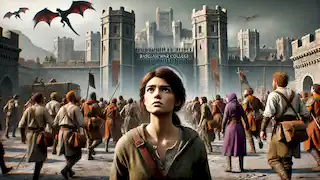 Los reclutas entran en el Colegio de Guerra de Basgiath, mientras Violet mira hacia arriba, admirando la imponente fortaleza, mientras dragones vuelan en el cielo.