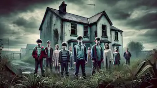 Siete niños se reúnen nerviosamente frente a una casa espeluznante y en ruinas en Derry, bajo un cielo oscuro y nublado.