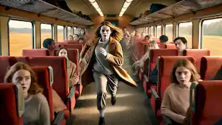 Emma corre pelo corredor cheio de gente do trem, atrás da menina assustada, enquanto os passageiros observam.