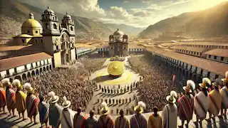 Pachacuti lidera el festival de Inti Raymi, sosteniendo en alto un gran disco dorado del Dios Sol en la plaza de Cusco.
