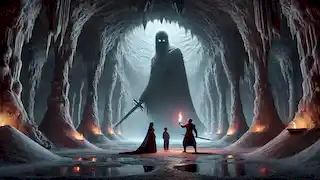 Shirin y Arash se enfrentan a Khosro, el espíritu vengativo, en una vasta caverna de sal iluminada por sus antorchas, rodeados de cristales de sal.