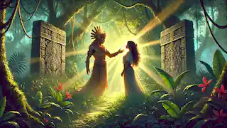 Ix Chel y Kinich Ahau están juntos en un claro soleado de la selva.