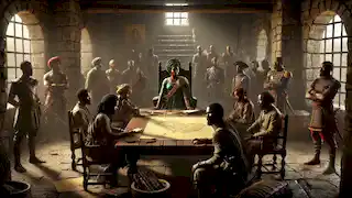 La reina Nzinga en su bastión, planeando emboscadas guerrilleras con sus asesores.