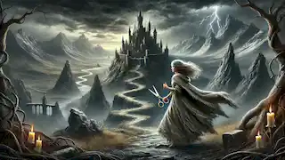 La princesa, llevando objetos mágicos, se acerca a un oscuro castillo bajo cielos tormentosos en un paisaje desolado.