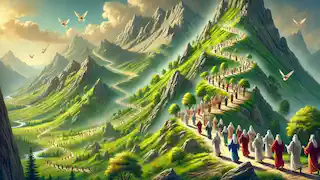 Almas esperanzadas ascendiendo el Monte Purgatorio, cantando himnos y luchando por la redención.