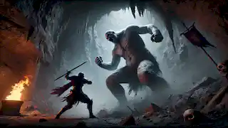 Rostam lucha contra el imponente Div-e Sefid dentro de una cueva oscura, el demonio ciego y en agonía.